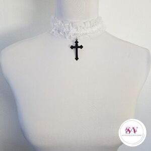 White lace choker with cross pendant